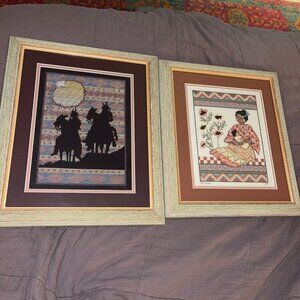 Native American Southwest Needle Point Cross Stitch Framed And Matted Set of 2